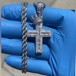 Iced Out Crown Cross Silver Rope Chain